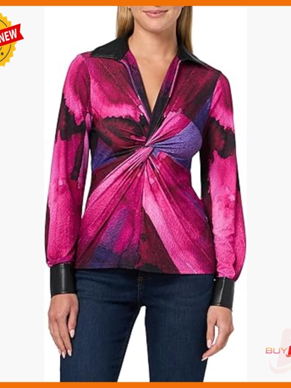 Long Sleeve Collared V-Neck Jersey Blouse, Regular Fit, Polyester Spandex